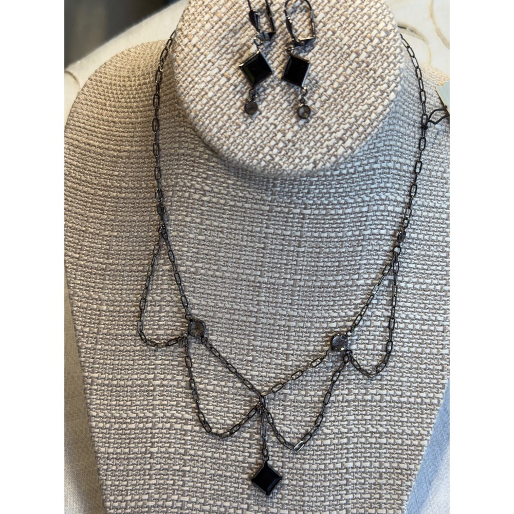 Necklace earrings Set Geometric Square Black jet crystal Dangle Dark Metal 15.5”